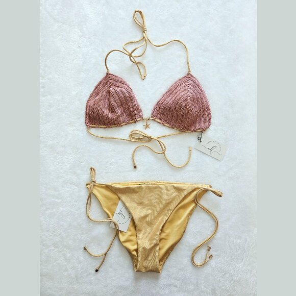 Cherina Beachwear Other - Cherina Beachwear Nora Crochet Bikini Top & Side-Tie Bottoms in Pink Lurex Gold